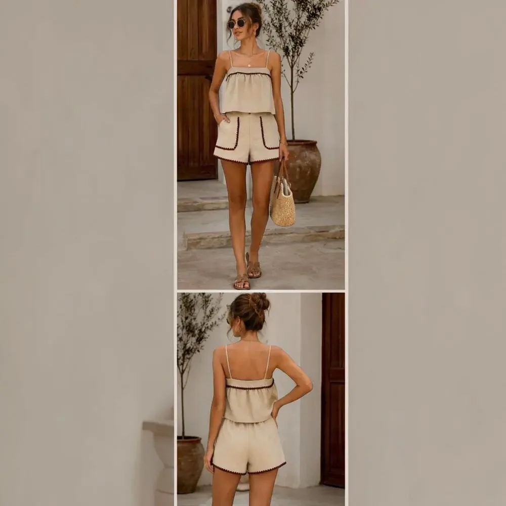 Boutique Khaki Linen Blend Tank Shorts Set Wine Trim Scallop Size M 6 Two Piece